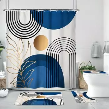 4Pcs Bathroom Shower Curtain Set Blue Mid-CenturyBathroom Curtain With 12 Hooks Non Slip Rugs Toilet Cover Mat Bathroom Partition 4pcs
