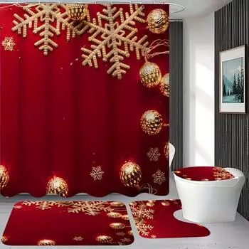4Pcs Bathroom Shower Curtain Set Christmas Ball Bathroom Curtain With 12 Hooks Non Slip Rugs Toilet Cover Mat Bathroom Partition 4pcs