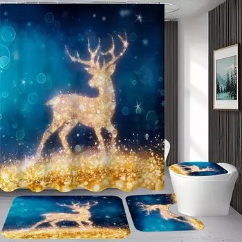 4Pcs Bathroom Shower Curtain Set Christmas Golden Elk Bathroom Curtain With 12 Hooks Non Slip Rugs Toilet Cover Mat Bathroom Partition 4pcs
