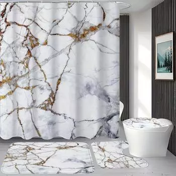 4Pcs Bathroom Shower Curtain Set Marble Bathroom Curtain With 12 Hooks Non Slip Rugs Toilet Cover Mat Bathroom Partition 4Pcs