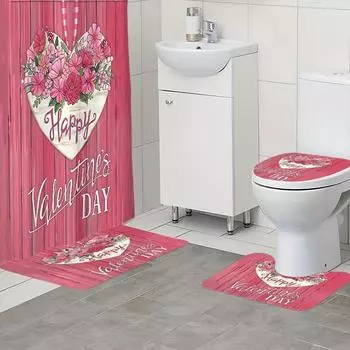 4Pcs Bathroom Shower Curtain Set Pink Flowers Bathroom Curtain With 12 Hooks Non Slip Rugs Toilet Cover Mat Bathroom Partition 4Pcs