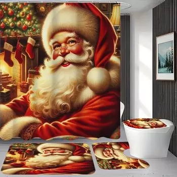 4Pcs Bathroom Shower Curtain Set Santa Claus Bathroom Curtain With 12 Hooks Non Slip Rugs Toilet Cover Mat Bathroom Partition 4Pcs