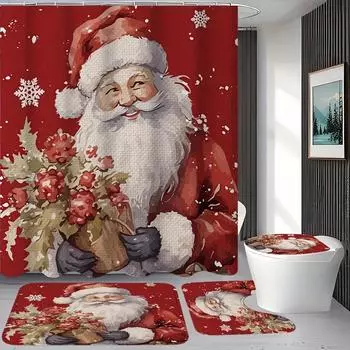 4Pcs Bathroom Shower Curtain Set Santa Claus Bathroom Curtain With 12 Hooks Non Slip Rugs Toilet Cover Mat Bathroom Partition 4Pcs