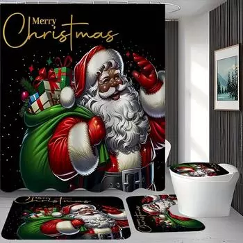 4Pcs Bathroom Shower Curtain Set Santa Claus Bathroom Curtain With 12 Hooks Non Slip Rugs Toilet Cover Mat Bathroom Partition 4pcs