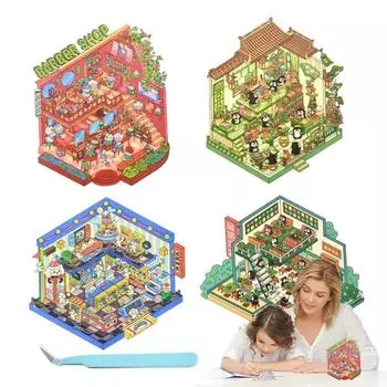 4PCS DIY 3D Landscape Sticker Cartoon Landscape Sticker New Visual Stacking Sticker Student Child 4pcs
