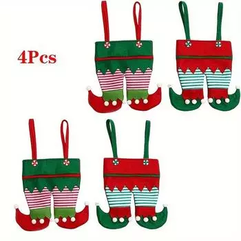 4pcs Festive Christmas Elf Boot Candy Bags,Red/Green Striped Long Stocking Decor with Pom-Poms, Perfect for Holiday Party Favors,Gift Packaging, 4-Piece Set