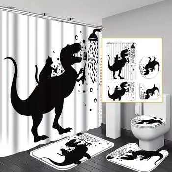 4pcs Funny Dinosaur Shower Curtain Suit, Shower Curtain Suit with Non-slip Bath Mat, Toilet Lid, U-shaped Carpet 90x180cm curtain