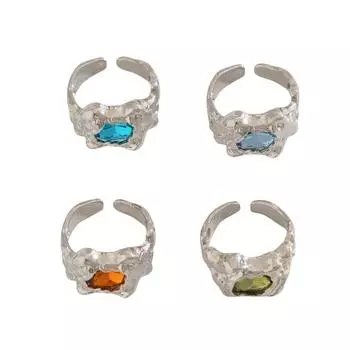4Pcs Gold Silver Rhinestone Open Ring Irregular Exaggerate Rings Colored Gemstone Rings Party 4Pcs Silver