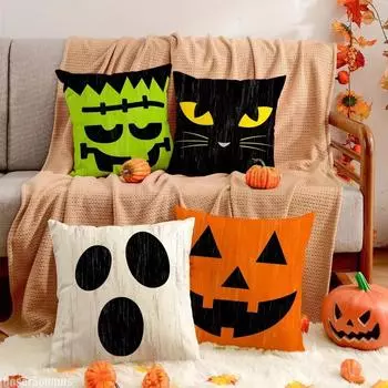 4pcs Halloween Pillowcase Home Sofa Cushion Square Ghost Party Decoration Pillowcase Does Not Include Pillow Core 450*450mm