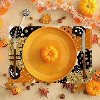 4pcs Halloween Pumpkin Black Crow Placemats Festival Kitchen Linen Dinning Table Mats Bowl Coffee Cup Pads Mats Home Decor 45X30CM