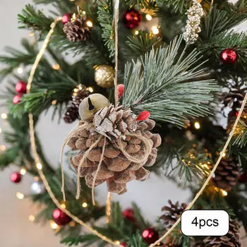 4Pcs Hanging Pine Cones Christmas Tree Ornament with Bell Pendant Pinecones for Decorating