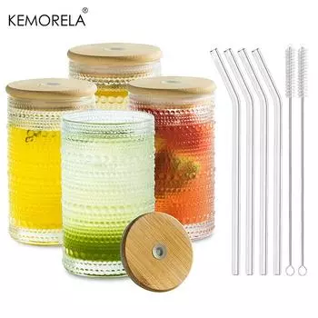 4PCS Hobnail Highball 12Oz Glasses Embossed Beaded Glass Cups with Lids and Straws For Cocktails Margaritas Beer Juice and More 301-400ml