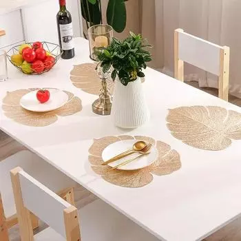 4Pcs Leaf shape Placemats PVC Hollow Irregular Line Placemat Dining Table Decoration Pad Dinner Cutout Hangable Gold Tablemat 4 Pcs