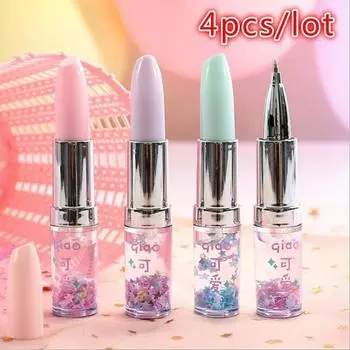 4pcs/lot Creative Lipstick Neutral Pens Portable Quicksand Gel Pen Students Stationery Office Supply Back To School Gift 4pcs lot