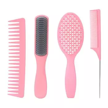 4pcs Multifunctional Hair Brush Comb Set Detangling Brush Styling Brush Tail Comb Wide Tooth Comb Pink Box Packed