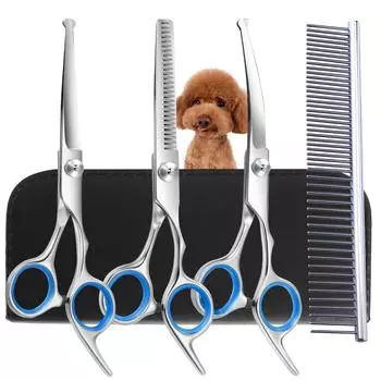 4pcs Professional Dog Grooming Scissors-Stainless Steel Round Tip Down-Curved Thinning and Cutting Shears