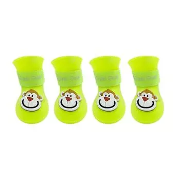 4Pcs PVC Pets Rainshoe Cartoon Pattern Fastener Tape Dog Shoes Dog Cat Rubber Boot Protect The Paw S