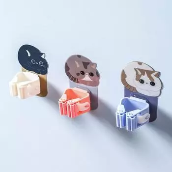 4Pcs Self-adhesive Mop Hook No Punching Wall Mounted Cartoon Cats Broom Holder Bathroom Supplies разноцветный