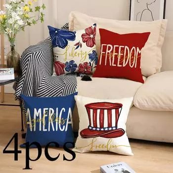 4pcs/Set American Independence Day Flag Printed Linen Pillow Cover Home Living Room Sofa Cushion Cover Without Pillow Core 45cm*45cm