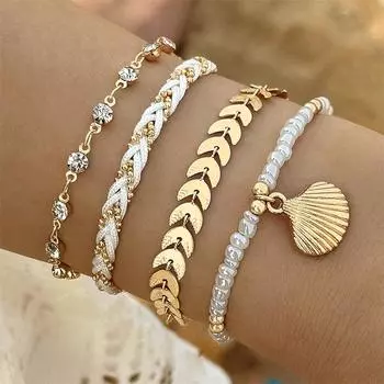 4pcs/set Bohemia Shell Bracelets for Women Ethnic Style Colorful Zircon Rice Beads Metal Chain Bangles Girl Summer Beach Jewelry
