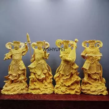 4pcs/set Boxwood Collection Chinese Brass Carvings of the Four Heavenly Kings Buddha Statues Solid Wood Carvings 4pcs