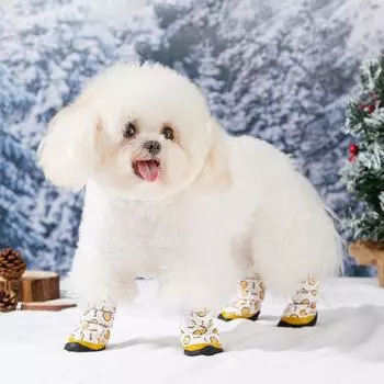 4pcs/set Cartoon Warm Dog Shoes Waterproof Anti-slip Puppy Footwear Cute Dog Rain Snow Boots Winter S жёлтый