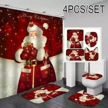 4PCS/Set Christmas Bathroom Curtains Set Santa Claus Shower Curtain Toilet Cover Mat Non Slip Rug Waterproof Shower Curtain ZY51