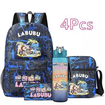 4Pcs/set Cute Printed Backpack Water Bottle Teenger Student Boy Girl Large Capacity Bookbag Schoolbag Travel Bag Kid Gift