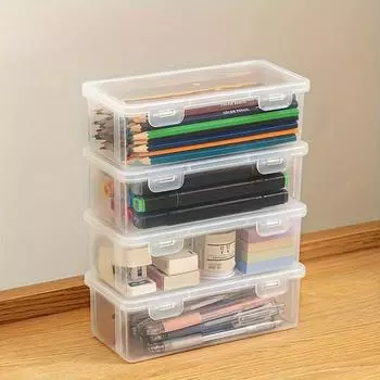 4pcs Set Large Clear Storage Boxes With Hinged Lids - Durable, Transparent Organizers For Office, School, Arts Crafts Supplies чистый