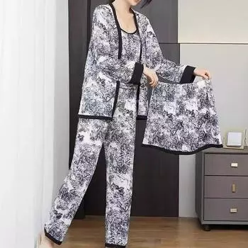 4PCS/Set Women National Tide Wind Ink Painting Ice Silk Pajamas Long-Sleeved Printed Suspenders Fashion Soft Simple Homewear XL чёрный