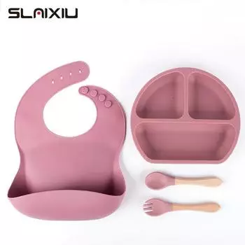 4PCS Silicone Children Tableware Baby Feeding Set Silicone Dinner Plate Wood Handle Spoon Fork Silicone Bibs BPA Free синий