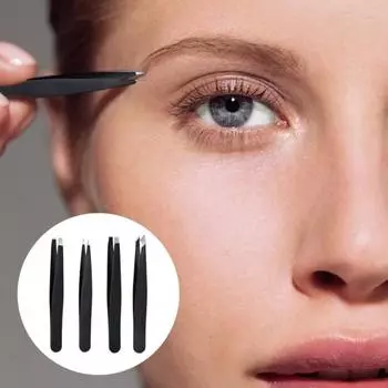 4Pcs Stainless Steel Eyebrow Tweezers with Faux Leather Case Flat Slanted Tip Precision чёрный