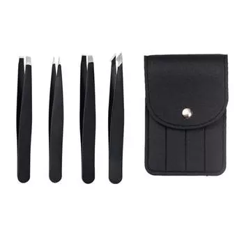 4Pcs Stainless Steel Eyebrow Tweezers with Faux Leather Case Flat Slanted Tip Precision Tweezer Face Brow Hair Nose Removal Women Makeup Tools