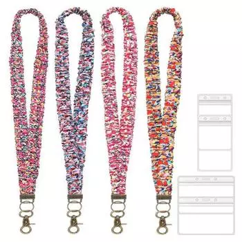 4Pcs Stretchy Retractable Scrunchie Lanyard Set with Waterproof ID Card Holders Soft Telescopic Neck Lanyards for Keys Cards A