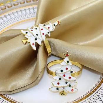 4Pcs White Oil Christmas Tree Napkin Rings for Holiday Dinner Banquet Christmas Party Thanksgiving Wedding Reception Decorations