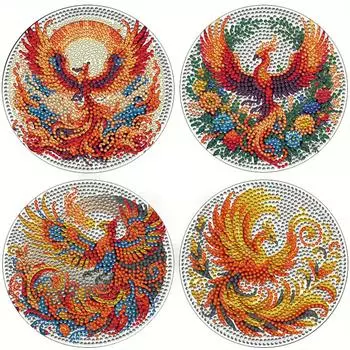 4Pcs Wooden Animal Diamond Painting Placemats with Holder DIY Diamond Dot Kits Round Diamond Painting Table Mats for Beginners C008