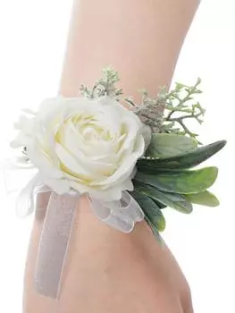 4Pcs Wrist Corsage and Boutonniere Set Ivory Rose Wristlet Band Bracelet and Men Boutonniere for Wedding Accessories Prom Suit Decorations бежевый