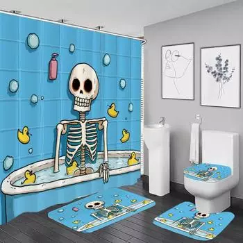 4pcss Bathroom Set, Shower Curtain with 12 Hooks, Floor Mat, Toilet Contour Mat And Toilet Lid Mat, Bathroom Decoration, Bathroo 90x180cm