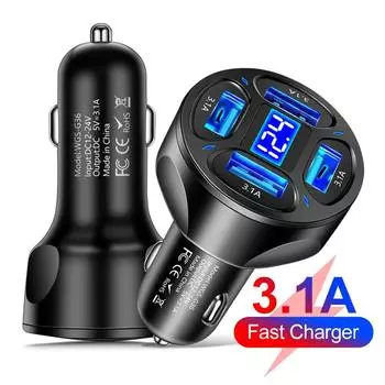 4Ports Car Charger Fast Charging 3.1A USB Phone Charger Adapter LED Display Auto Quikly Changers With Indicator Light CHINA