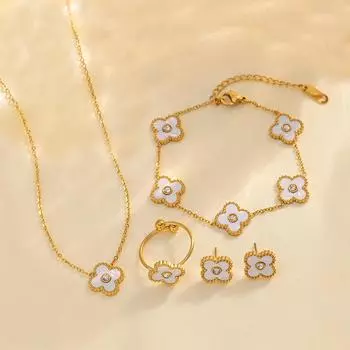 4шт 18K Lucky Clover браслет ожерелье серьги кольцо комплект белый