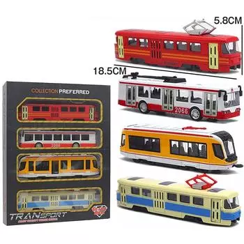 4шт автомобильные игрушки, игрушки модели автобусного поезда, автомобильные игрушки, инерционная машина, открывание дверей, автобусные игрушки, обучающие игрушки, украшение рабочего стола для детей 4-6 лет Size:17-20cm,4Pcs