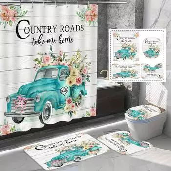 4шт. Набор для ванной комнаты с цветочным принтом автомобиля. Водонепроницаемая занавеска с 12 крючками. Нескользящий коврик для ванной комнаты. U-образный коврик для унитаза. Набор накладок для крышки унитаза. 4PCS Full Set