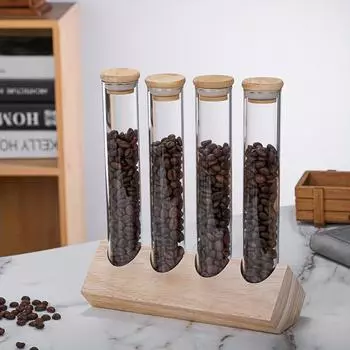 4шт. Пищевые банки и канистры Стеклянные многофункциональные круглые откидные крышки Многоразовые пробирки со стойкой Пустые кофейные зерна Стеклянная бутылка для хранения чая и специй для бара Хо Pack Of Four