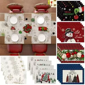4шт Рождественские салфетки Снеговик Рождественская елка с рисунком Подставка для столовых приборов с принтом 30x45cm
