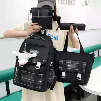 4шт. Сверхлегкий клетчатый рюкзак для начальной школы. Женский комплект из четырех частей. Оксфордский износостойкий комплект. Рюкзаки большой вместимости для учащихся средних школ 14X30X46cm No pendant чёрный
