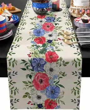 4th of July linen Table Runner Red White Blue Poppy Flower Green Leaves Independence Day Table Runner holiday dining party decor 150x33cm 59x13inch