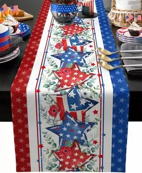 4th of July Linen Table Runners Patriotic Stars Runner Poppy Independence Day Table Runners Washable Kitchen Dining Table Decor 150x33cm 59x13inch