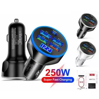 4USB PD 250W Auto Mobile Phone Adapter Type C Fast Charging Cigarette Lighter Adapter 5 In 1 for iPhone Samsung Huawei Xiaomi белый