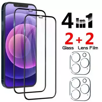 4в1 [2 стекла для линз + 2 стекла для экрана] Защитная пленка на весь экран из закаленного стекла для Apple iphone 15 14 13 12 11 Pro Max Promax Plus mini For iphone 15 Pro Max чёрный