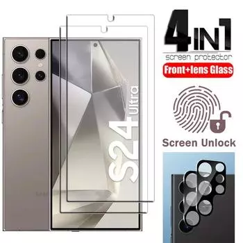 4в1 [разблокировка по отпечатку пальца] 2 шт. Защитная пленка для экрана Закаленное стекло 2 шт. Стекло объектива для Samsung Galaxy S24 / S24+ / S24 Ultra / S23 S23+ S22 5G S21 Plus Samsung Galaxy S24 Ultra чистый